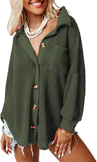 Womens Shackets Waffle Knit Casual Jackets Button Down Flannel Shirts Dressy Tops Fall Clothes 2023 Fashion Outfits