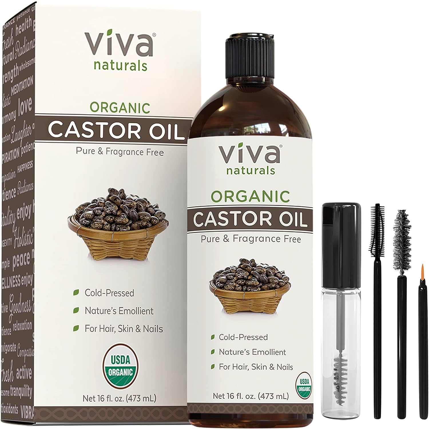 Organic Castor Oil for Eyelashes and Eyebrows – 16 fl oz, USDA Organic, Pure Hexane-Free Moisturizer Traditionally Used for Hair Growth, Natural Skin and Eyelash Serum, Cold Pressed with Beauty Kit