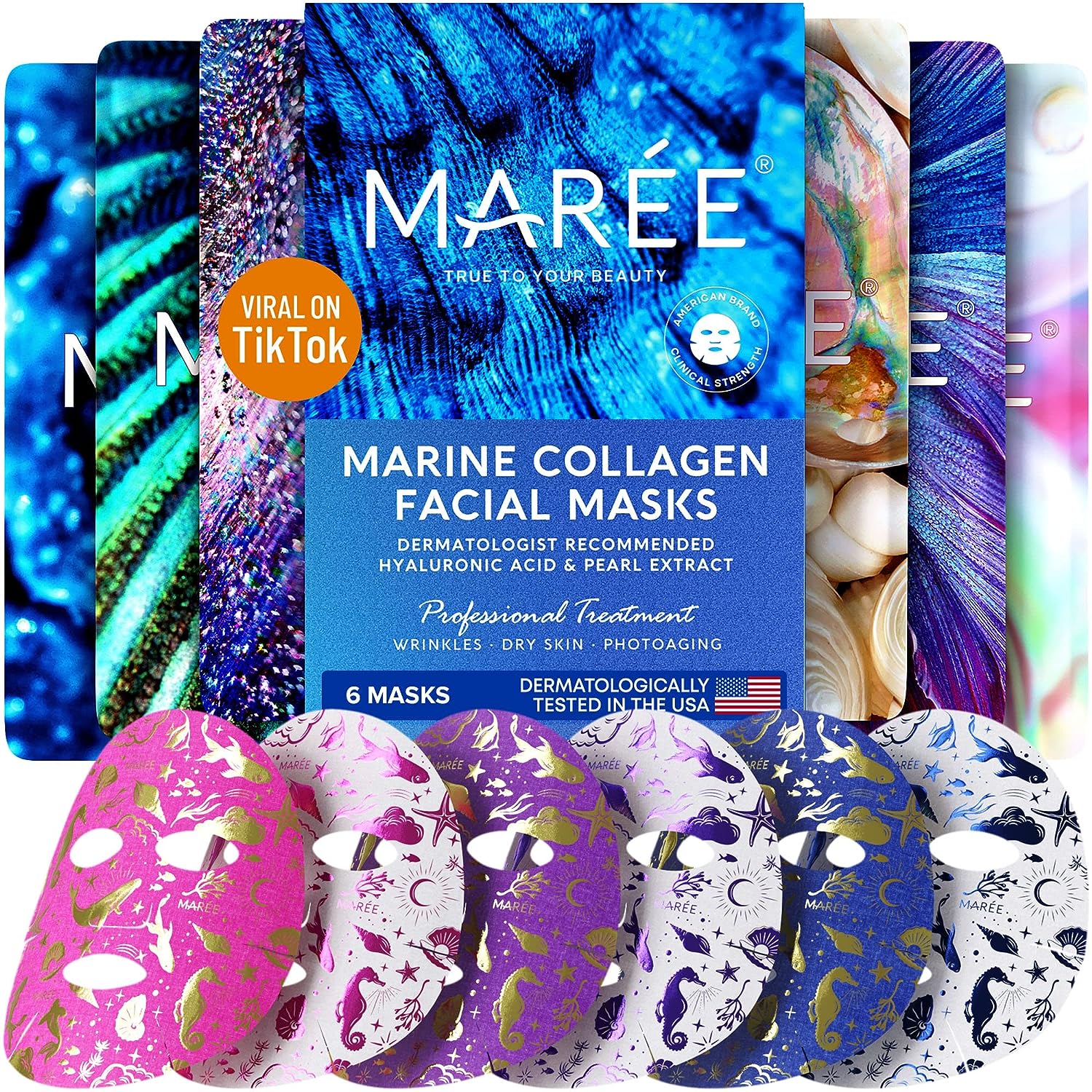 Facial Masks for Skin Care & Beauty – Sheet Masks for Face with Natural Pearl Extract, Marine Collagen & Hyaluronic Acid – Anti Aging Collagen Facial Masks for Wrinkles & Dry Skin, 6 Pack