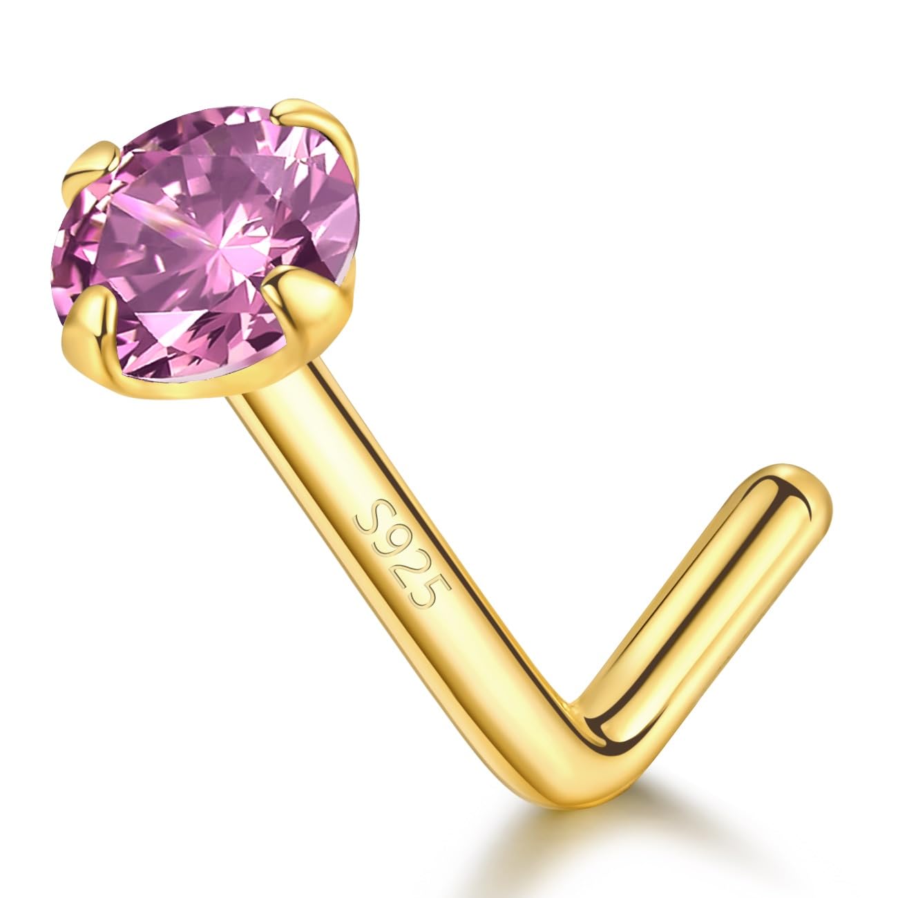 14k Gold Plated Sterling Silver L Shaped Nose Rings Studs for Women Men 20g, Small L Shape Nose Stud, 20 Gauge Nose Piercing Stud, Hypoallergenic Nose Nostril Piercing Jewelry (Gold – Pink Crystal)