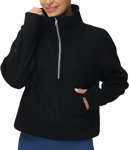 Womens’ Half Zip Pullover Fleece Stand Collar Crop Sweatshirt with Pockets Thumb Hole