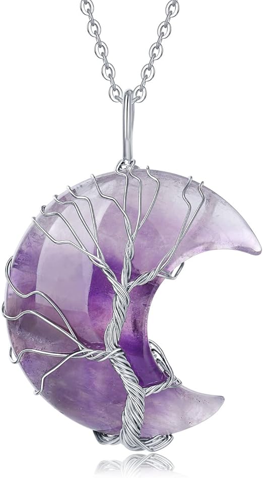 Tree of Life Wire Wrapped Crescent Moon Pendant Necklace Reiki Healing Crystal Stone Necklaces Natural Gemstone Quartz Jewelry for Women