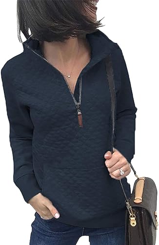 Women Fashion Quilted Pattern Lightweight Zipper Long Sleeve Plain Casual Ladies Sweatshirts Pullovers Shirts Tops