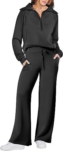 Women 2 Piece Outfits Sweatsuit Set 2023 Fall Oversized Half Zip Sweatshirt Wide Leg Sweatpant Lounge Set Tracksuit