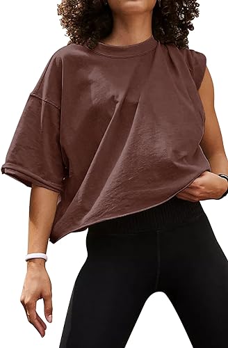 Women’s Oversize Workout Crop Tops Casual Short Sleeve Drop Shoulder Boxy T-Shirts Roll Hem Basic Loose Yoga Running Tees
