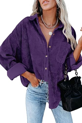 Womens Shirts Collared Long Sleeve V Neck Button Down Oversized Blouses Tops with Pockets